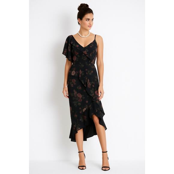 Amur Black Floral Print One Shoulder Dress High Low Hem Size 10 - Picture 1 of 12